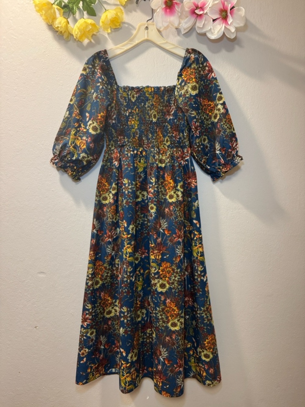 Girls Blue Floral Smocked Puff-Sleeve Dress